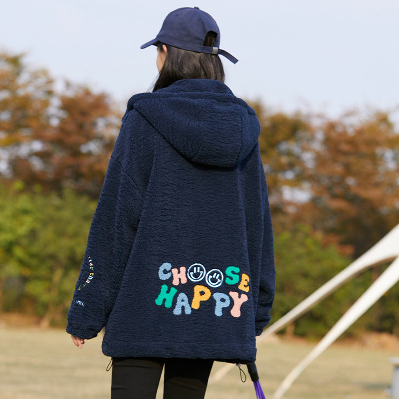 高中生羊羔毛外套2023冬装毛呢上衣连帽初中学生少女棉服加厚棉衣