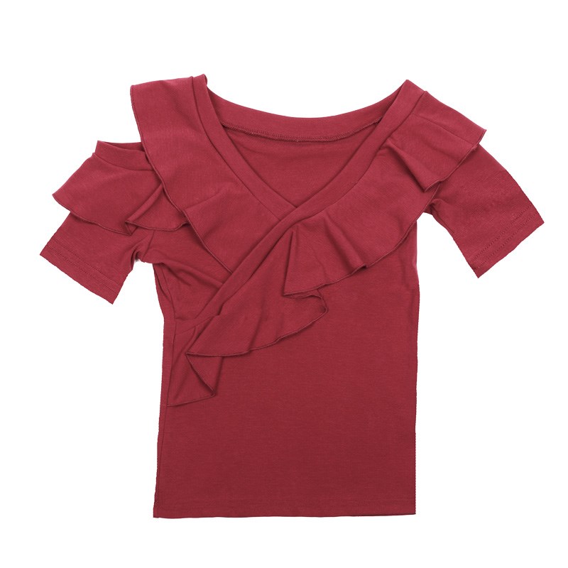夏装2025年新款女性感v领交叉荷叶边紧身露肩上衣修身显瘦短袖t恤