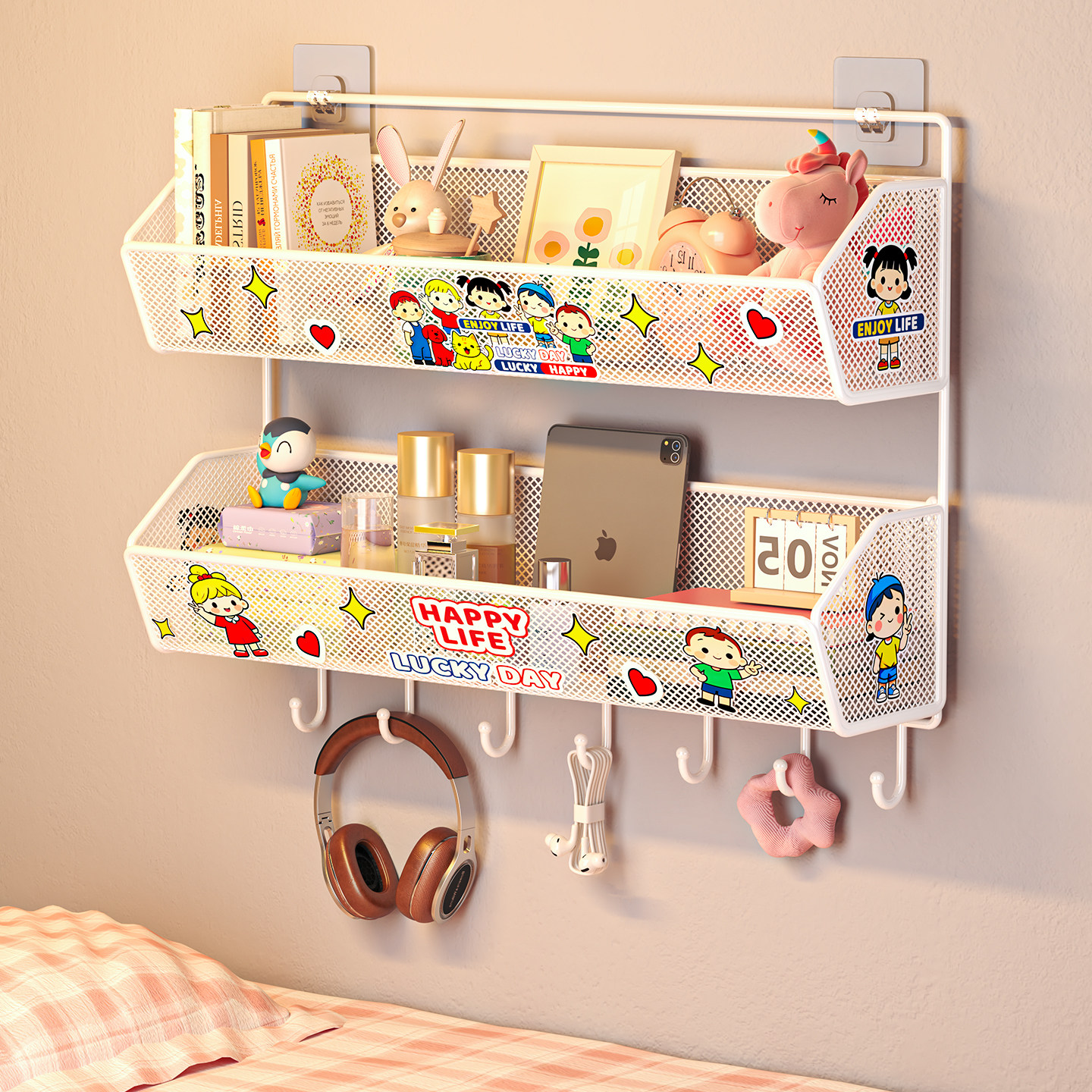 宿舍墙上置物架寝室床头置物篮床边简易悬空挂篮墙面壁挂式小架子