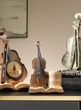 欧式复古怀旧时钟摆件酒柜装饰品家居客厅小提琴乐器书柜摆设