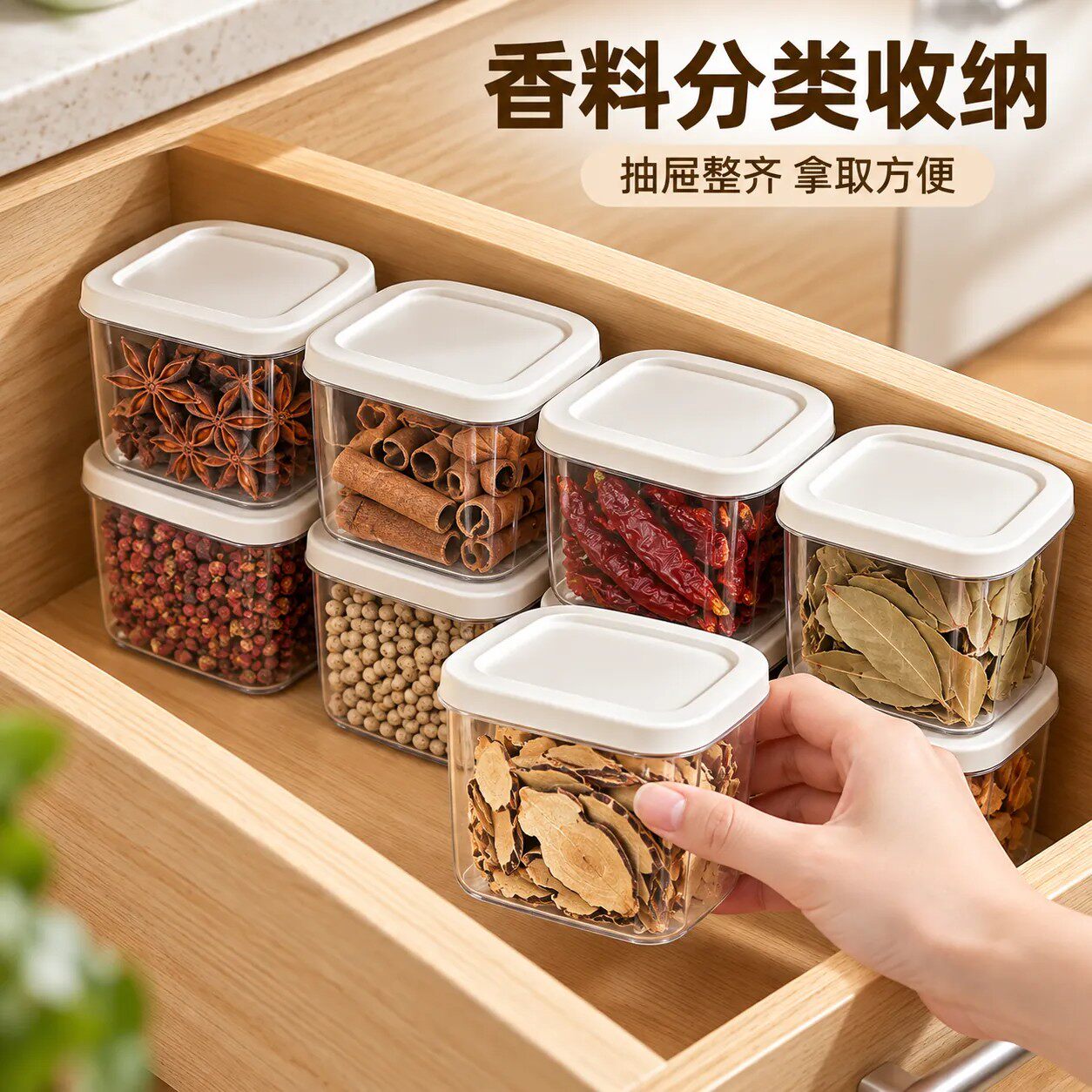 透明密封罐厨房香料收纳盒环保级调料储物盒可叠加防潮分类收纳盒