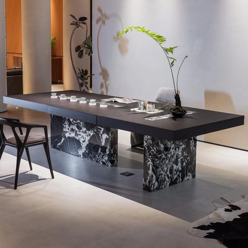 意式极简实木设计师别墅泡茶桌简约大理石茶台黑白花创意艺术餐桌
