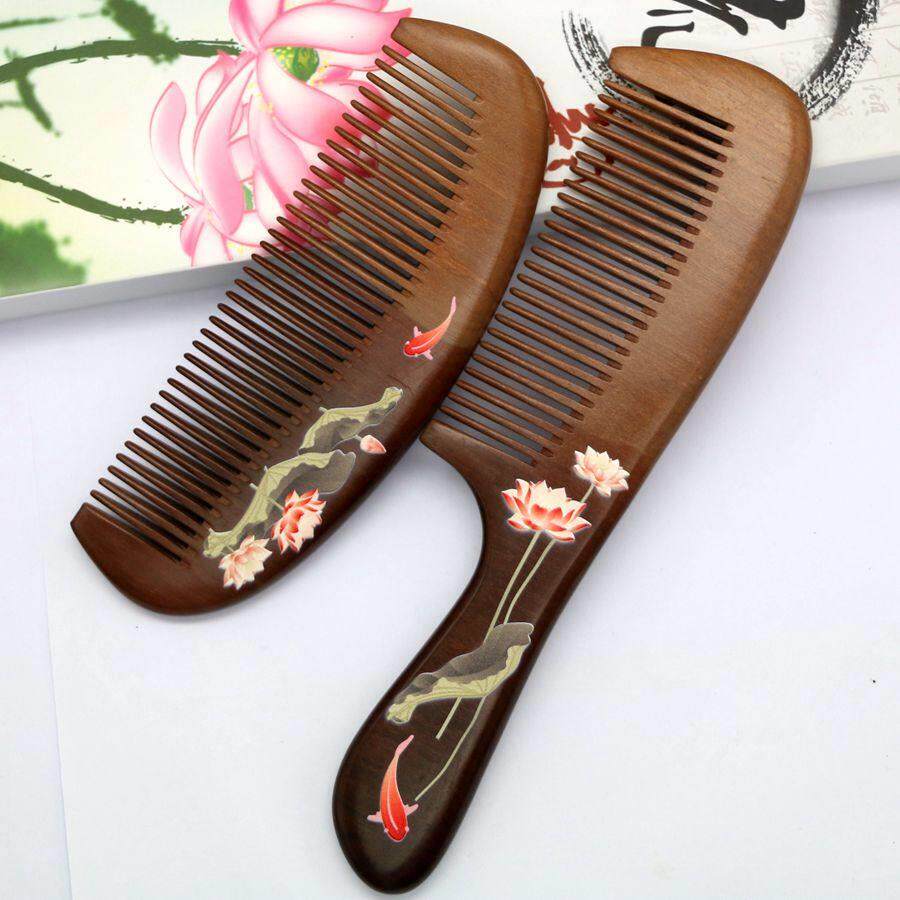 三林正品天然桃木梳子防静电头皮护理梳按摩彩绘红鲤喜庆对梳礼品