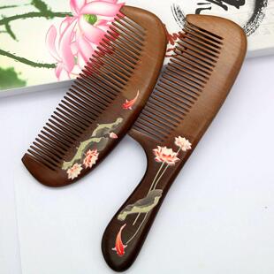 三林正品天然桃木梳子防静电头皮护理梳按摩彩绘红鲤喜庆对梳礼品