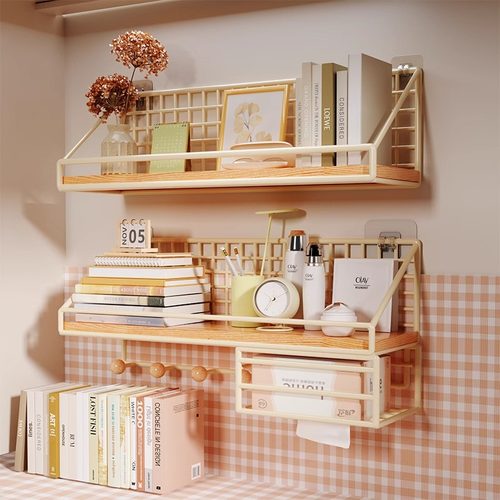 实木墙上置物架免打孔墙面宿舍床头挂墙一字木板书架壁挂收纳架子