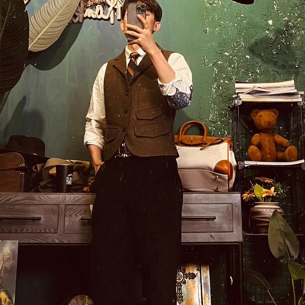 春季英伦复古羊毛人字纹马甲粗花呢坎肩毛呢咔叽西装西服背心修身