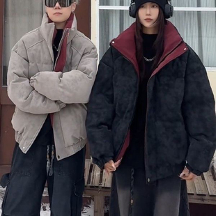 加厚撞色立领棉衣cleanfit情侣装 冬季 面包服 雾面皮衣棉服男款 美式
