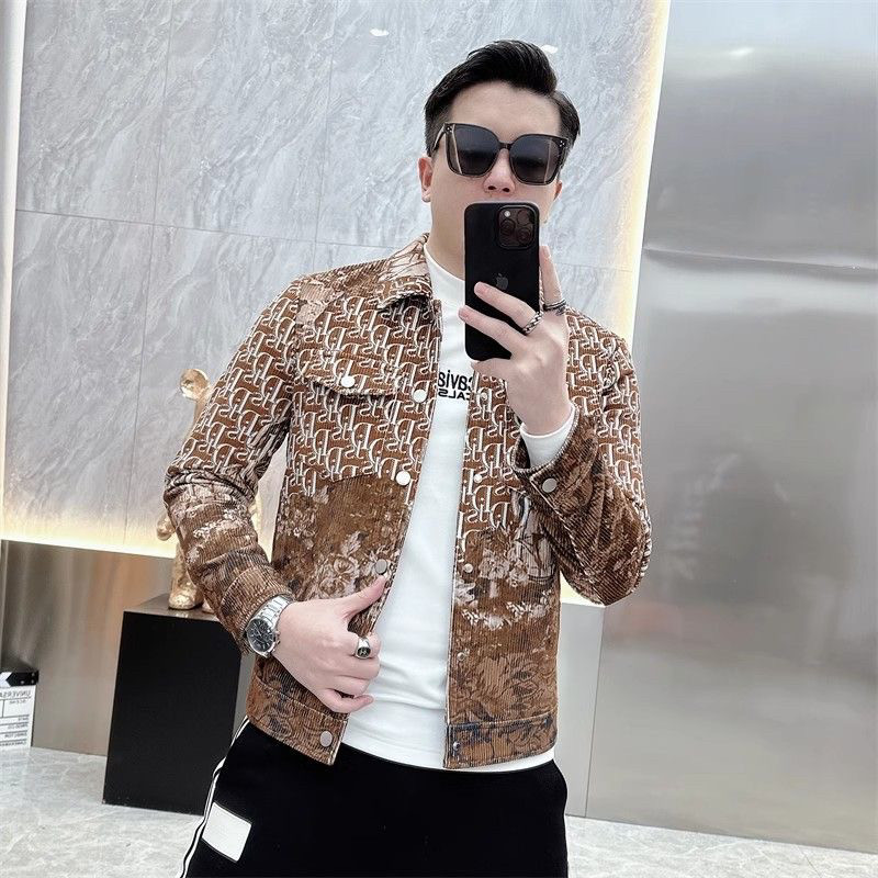 男士秋冬款潮牌夹克衫韩版翻领烫印高街百搭外套网红个性外穿上衣