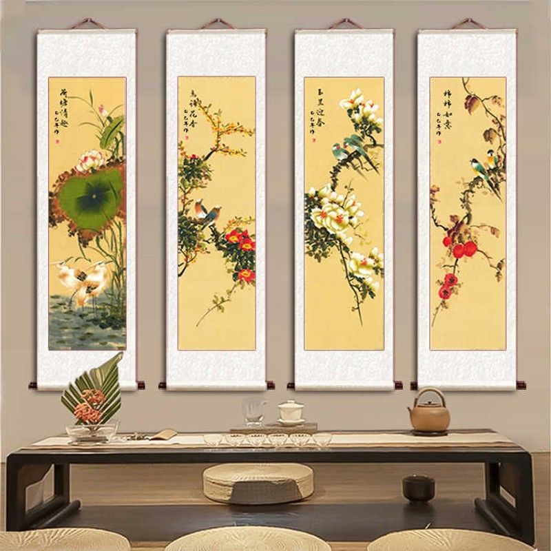 梅兰竹菊福禄寿喜四联幅新中式客厅沙发书房春夏秋冬挂画立轴国画
