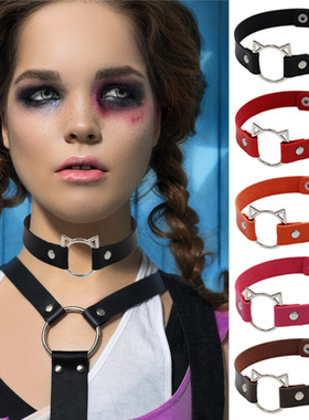跨境日韩原宿朋克软妹PU皮猫头项圈女颈带网红街拍锁骨链cosplay