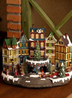欧洲小镇老式树脂房子圣诞节氛围彩灯音乐盒电动微缩街景装饰摆件