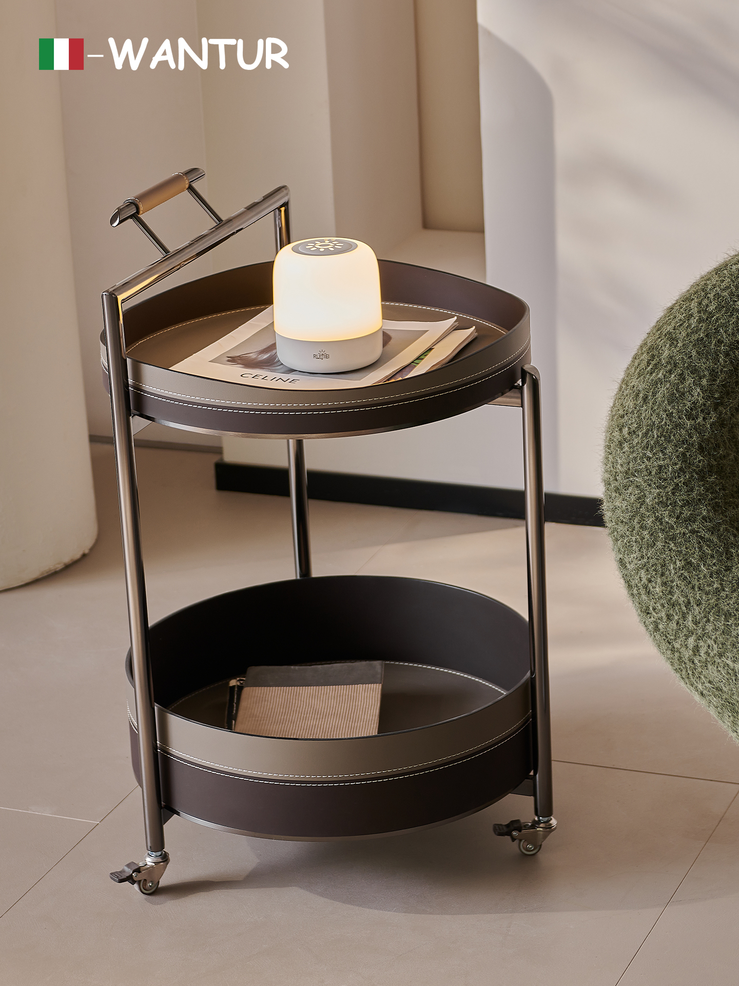 意大利现代高档沙发边桌，可达豪华高档客厅角桌，鞍皮手推车，移