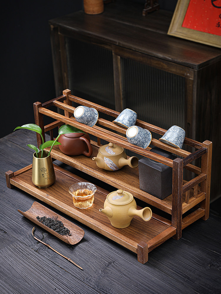 木制核桃茶杯架茶具茶壶紫砂壶储物架中国多宝阁桌面小博古架