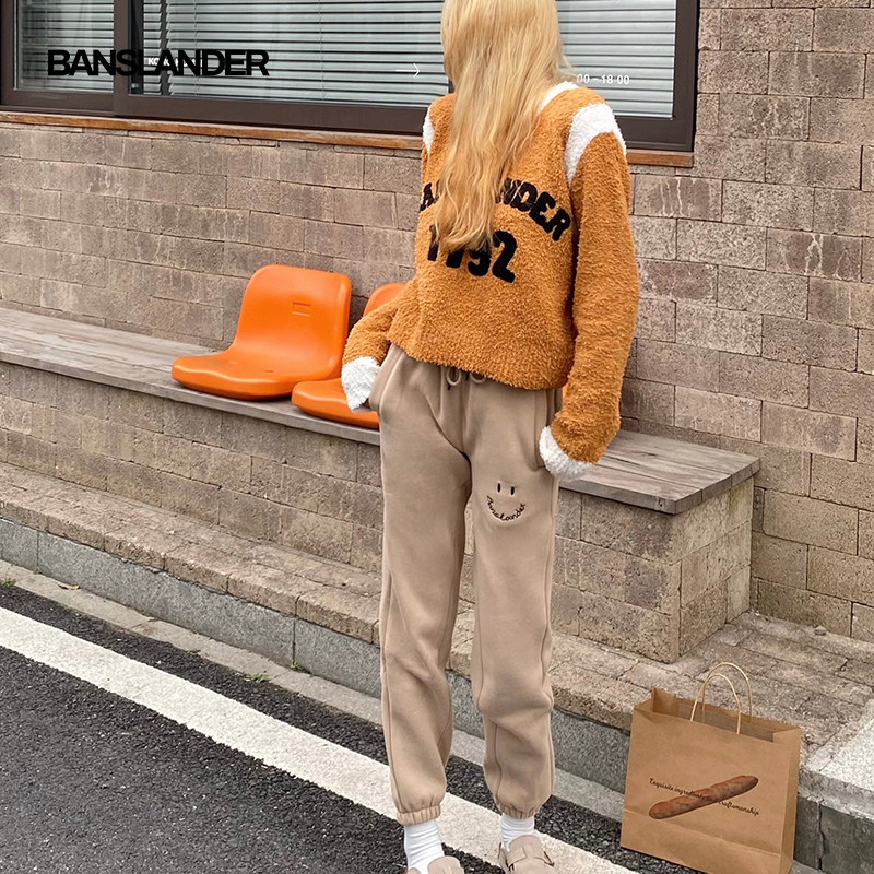 【包文婧同款】BANSLANDER笑脸加绒卫裤高腰休闲裤束脚裤运动裤