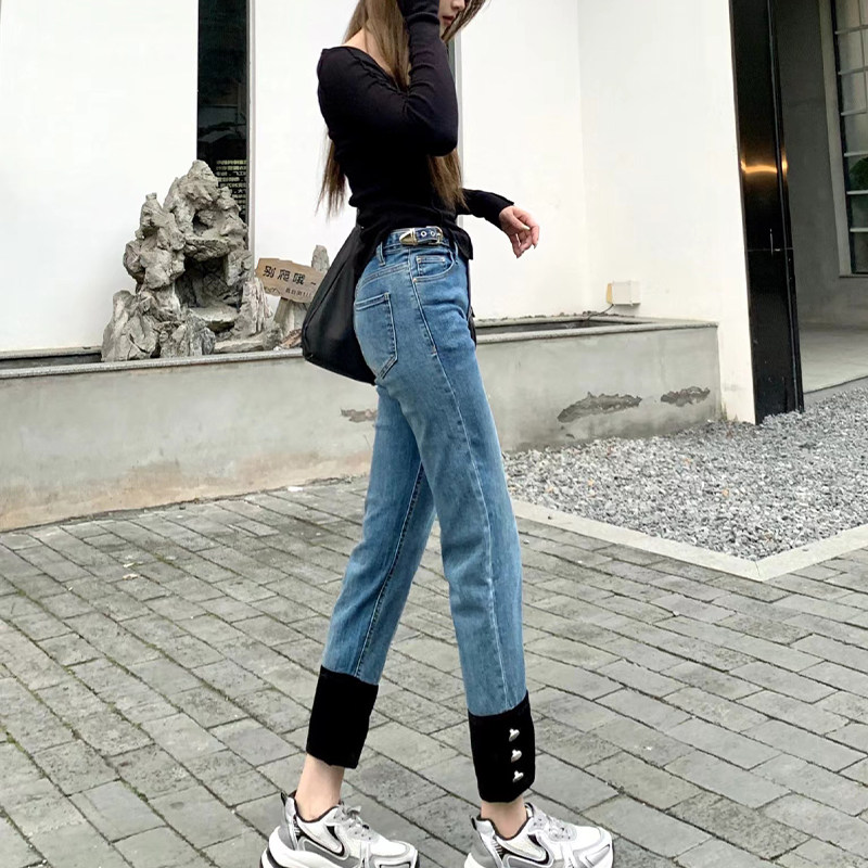 BANSLANDER复古金属皮带扣牛仔小脚裤女宽松休闲百搭小直筒长裤子
