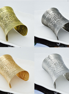 欧美夸张手饰外贸跨境热卖个性浮雕花纹复古手镯长款开口演出手环