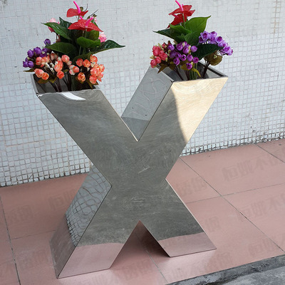 供应不锈钢花盆 英文字母镜面抛光花器 金属装饰花瓶