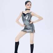 女童专业拉丁舞服新款 艺考高级重工银色吊带连体裙专业舞蹈练功服