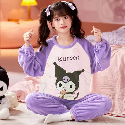 法兰绒女童中大童家居服套装秋冬