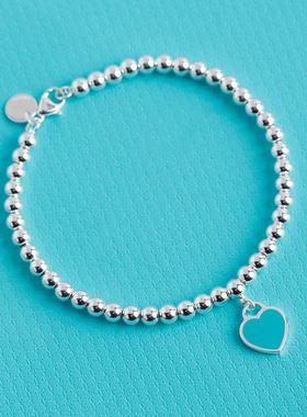 手链S925纯银蒂家珐琅蓝心爱心形佛珠手串提夫尼女手镯铃铛水滴