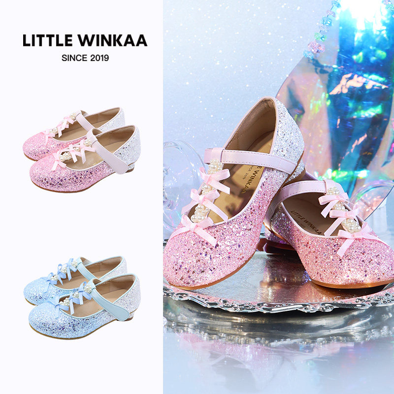 Little winkaa 童鞋2026新款珍珠蝴蝶结渐变色闪亮爱心高跟公主鞋