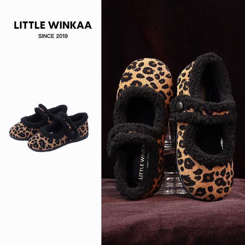 little winkaa 女童豹纹加绒玛丽珍鞋儿童鞋软底魔术贴保暖公主鞋