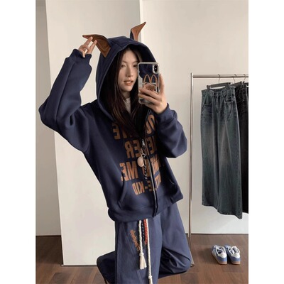 美式斑驳字母杜宾犬小恶魔连帽开衫拉链卫衣男女overseas外套潮牌