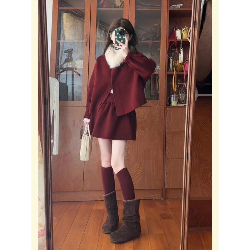 巨好看冬装套装韩系姐系贵感小香风新年红色毛呢外套短裙两件套女,女装/女士精品,时尚套装,淘宝优惠券,粉丝福利购,淘宝优惠卷