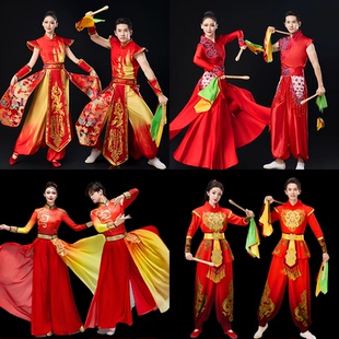 新款中国风红喜庆锣鼓腰鼓打鼓演出服男女舞龙舞狮年会开场舞服装