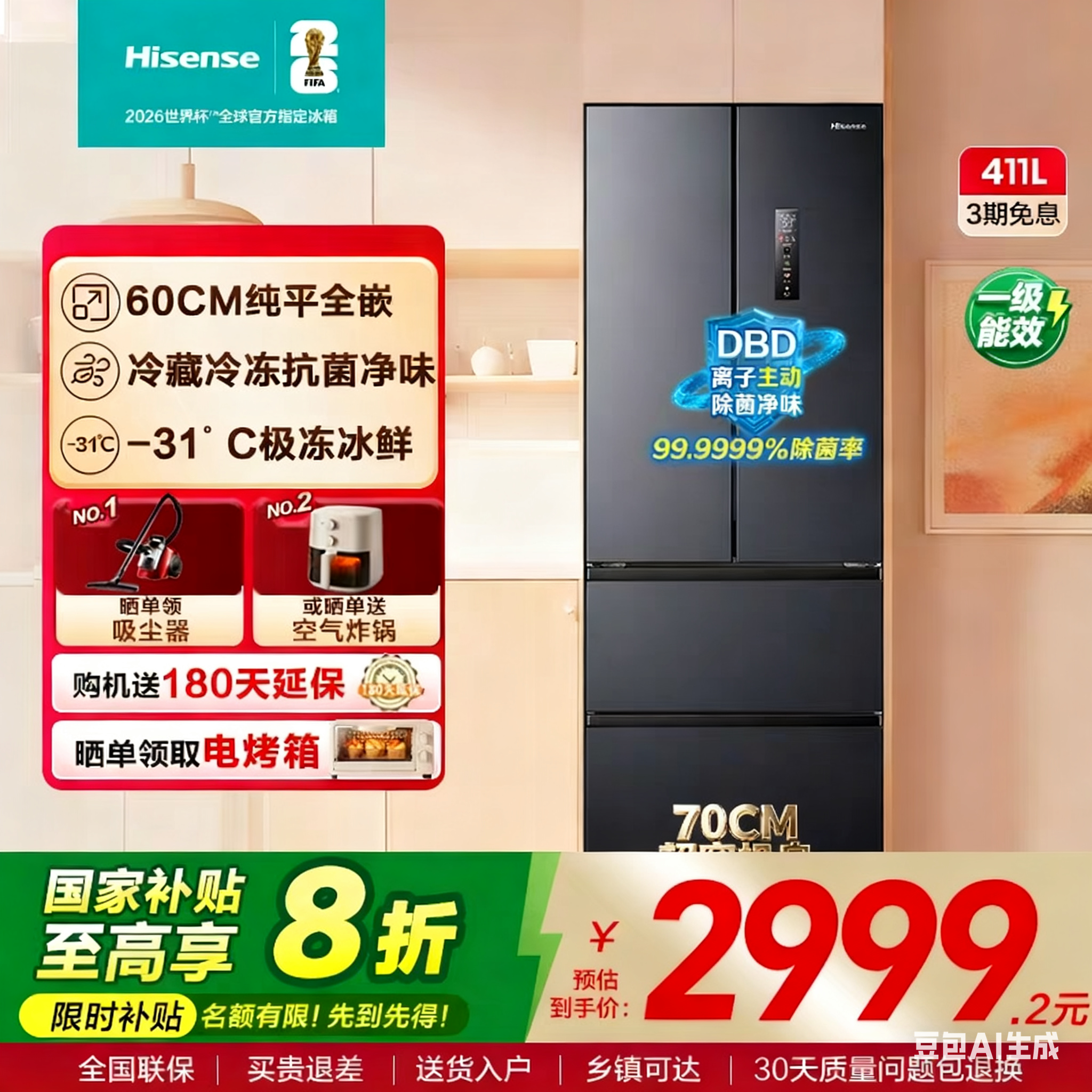 海信小薄荷411小户型零嵌入式法式多门60cm超薄零嵌家用换新补贴