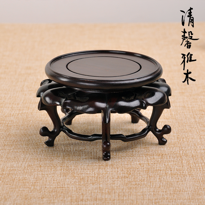 红木圆形小香几玉器花瓶茶壶香炉铜器聚宝盆中Q式摆件底座实木托