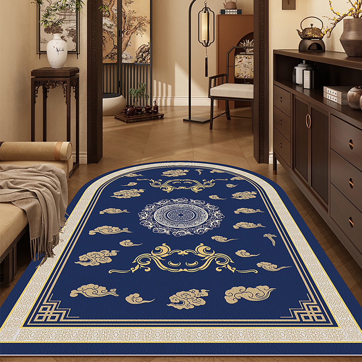 pvc地垫入户门中式高级感蓝色家用防水垫进门口耐脏防滑玄关地毯