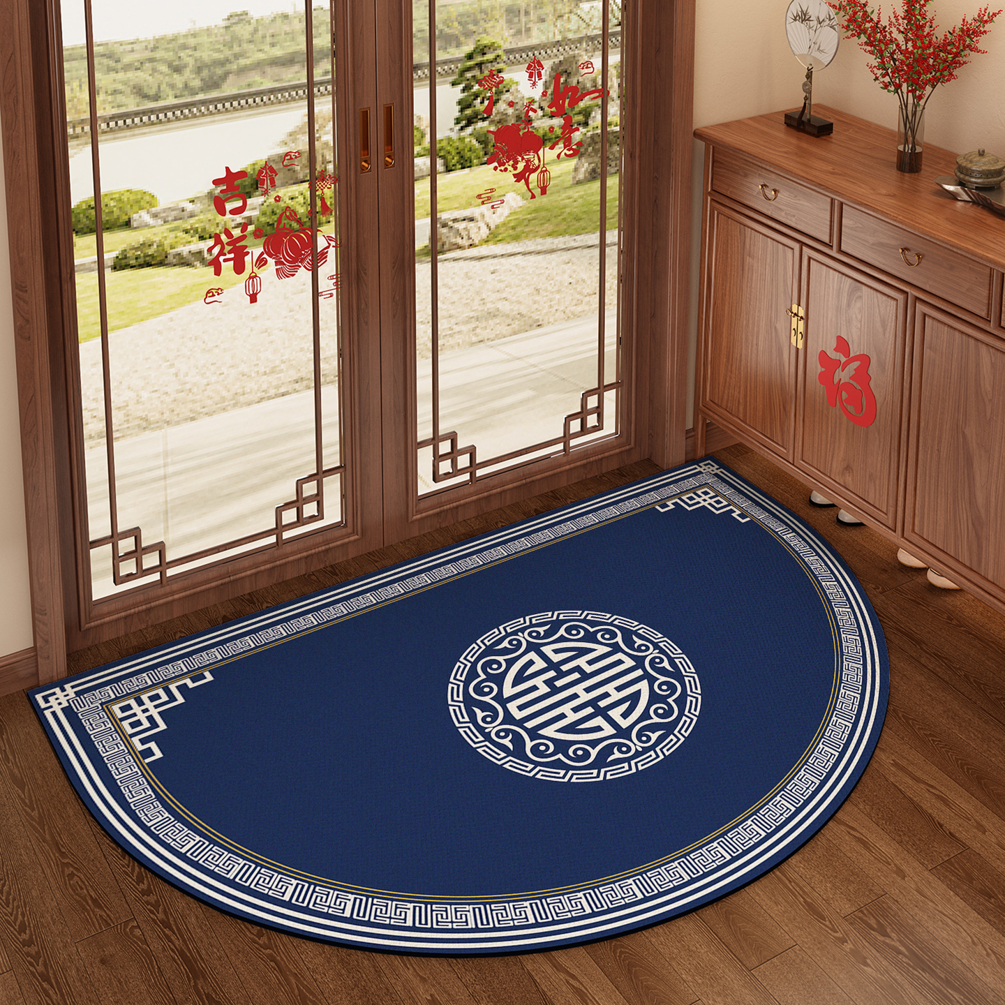 蓝色地垫入户门高级感硅藻泥防滑脚垫新中式耐脏半圆形入户门地垫