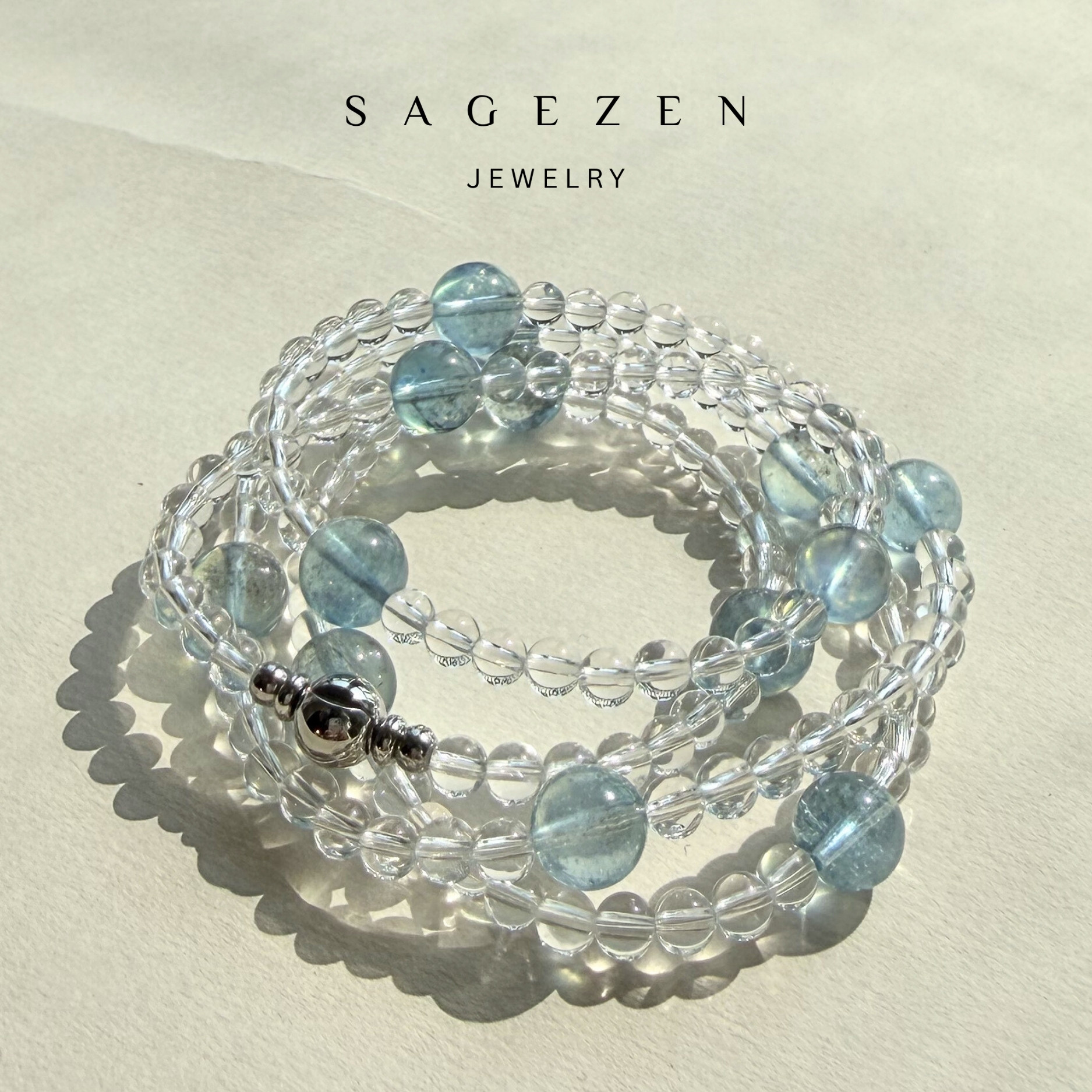 那片夜空那片海｜天然水晶手链白水晶手串纯净体海蓝宝灰月光花珀