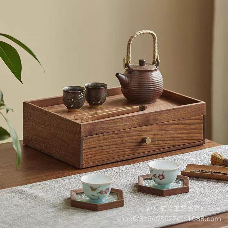 木质茶盘收纳盒家用实木茶道客厅多功能围炉煮茶带抽屉茶饼储物盒