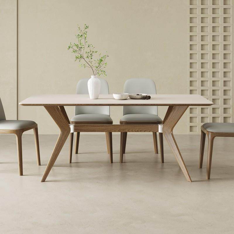 亮光实木岩板餐桌现代简约家用小户型长方形北欧白蜡木胡桃色饭桌