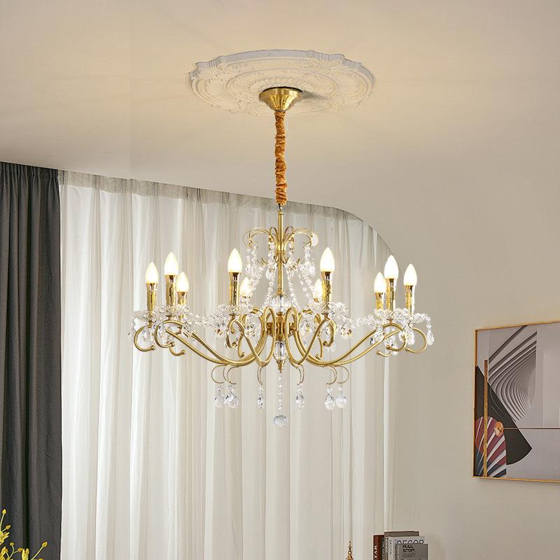 美式全铜水晶简约轻奢客厅乡村欧式蜡烛卧室餐厅法式水晶吊灯中山