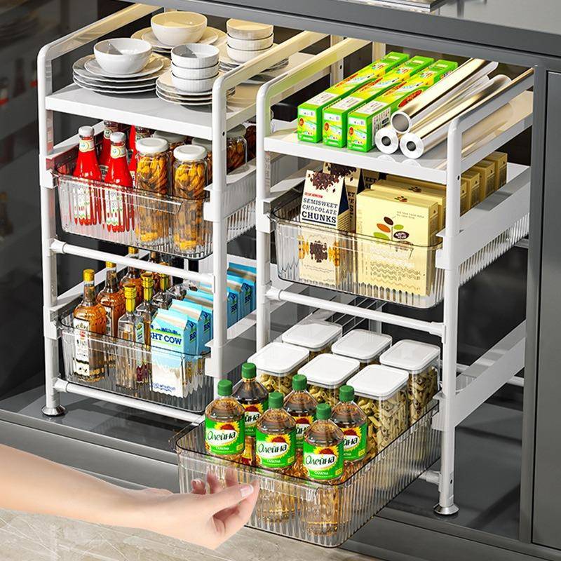 厨房下水槽拉篮置物架橱柜多功能调味料收纳多层架抽拉式多层架子