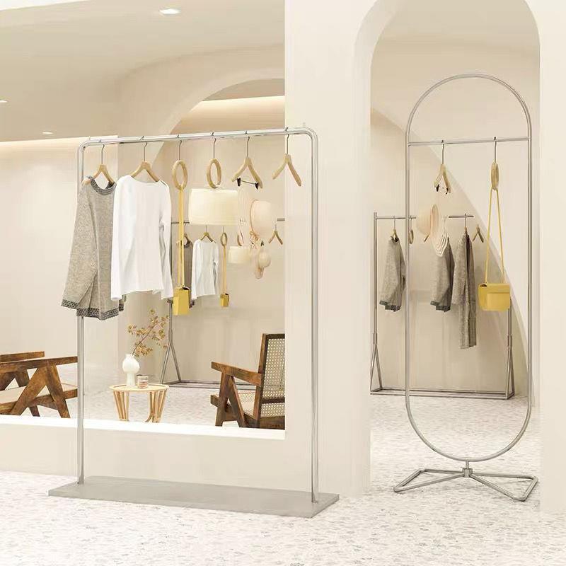 服装店展示架不锈钢拉丝银色中岛带板落地式挂衣杆陈列架