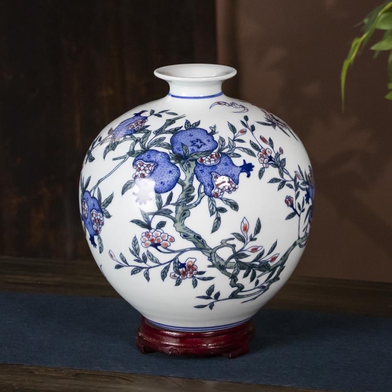景德镇陶瓷小花瓶手绘石榴瓶中式家居客厅电视柜博古架装饰品摆件