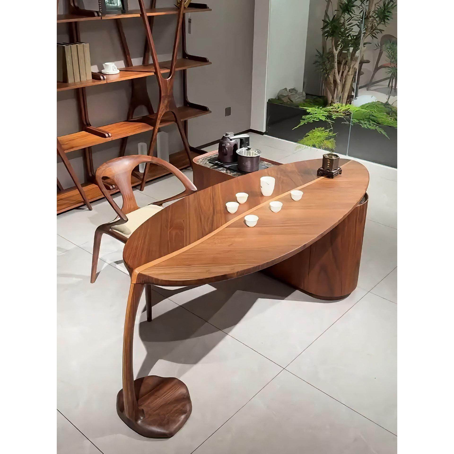 新中式北美黑胡桃木茶桌椅组合客厅阳台现代简约轻奢实木树叶茶台