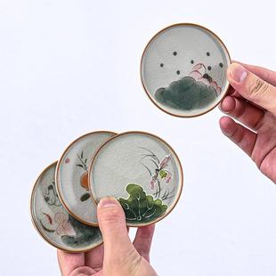 复古茶杯托防烫陶瓷隔热垫单个茶托茶道配件 手绘哥窑杯垫家用中式