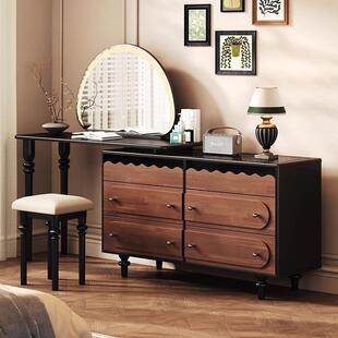 中古风实木梳妆台可伸缩储物化妆桌斗柜一体小户型卧室转角化妆台