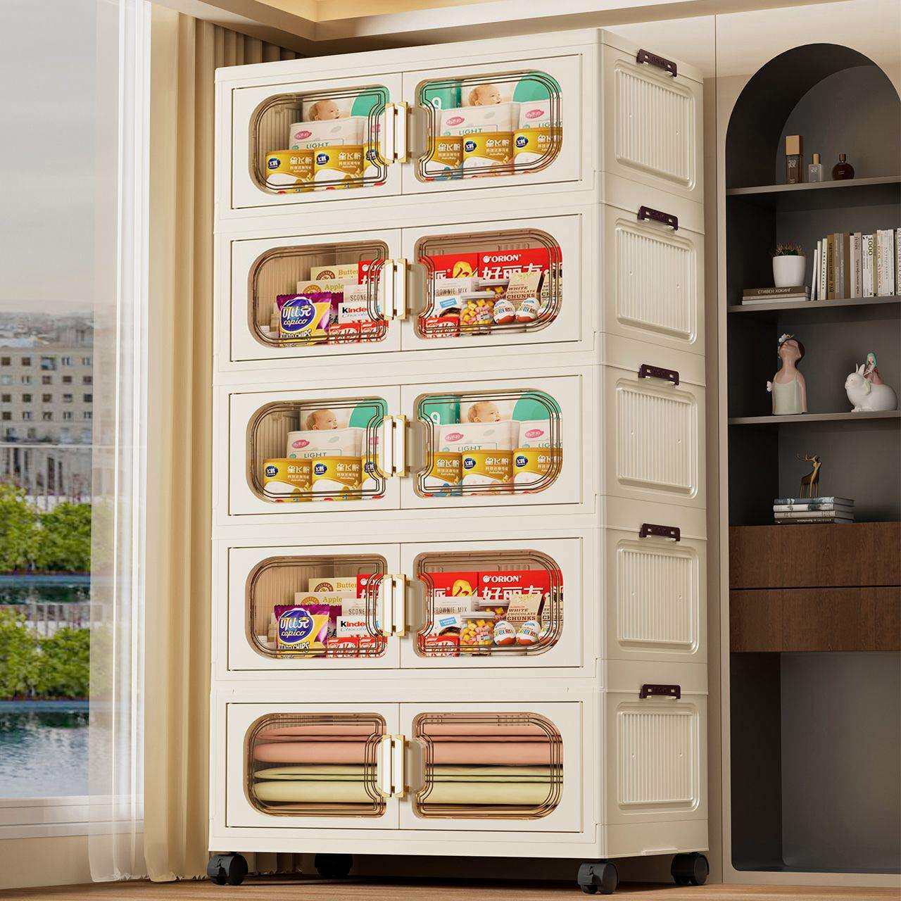 衣柜简易家用客厅收纳柜免安装衣橱塑料衣服储物柜移动多层置物架