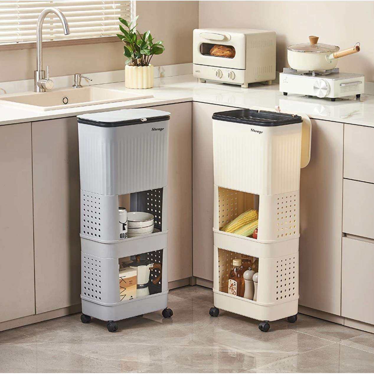 厨房垃圾桶置物架大容量带盖卫生桶可移动储物架多层带轮收纳架