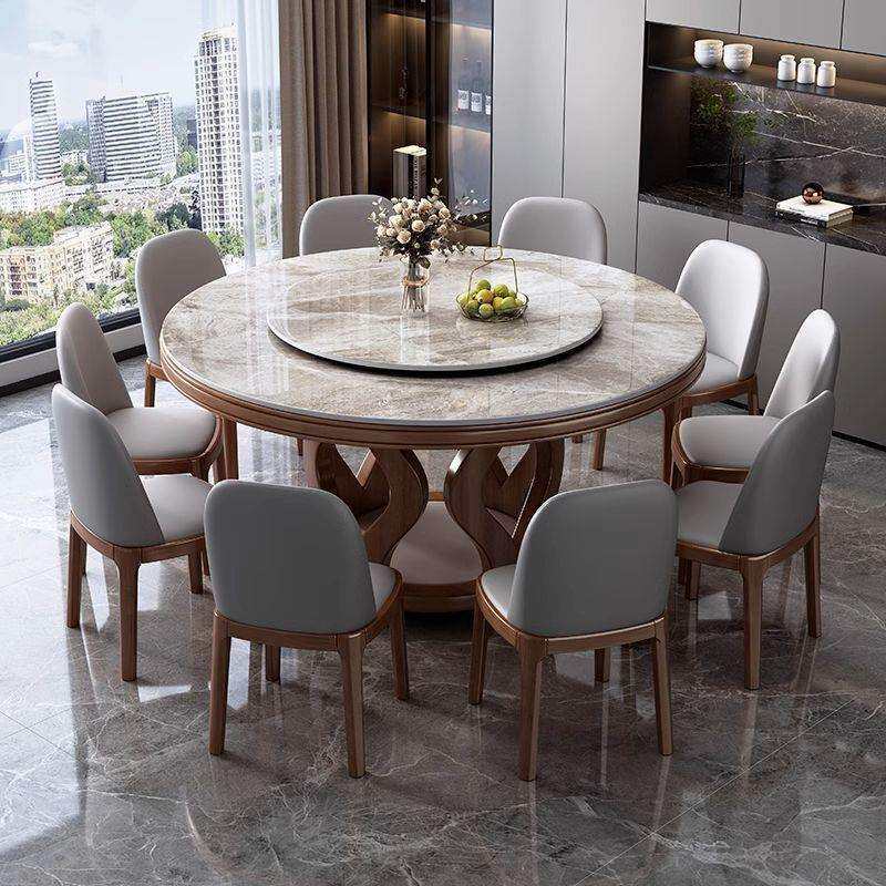 现代高端简约岩板餐桌椅家用组合实木小户型圆桌圆形转盘轻奢饭桌