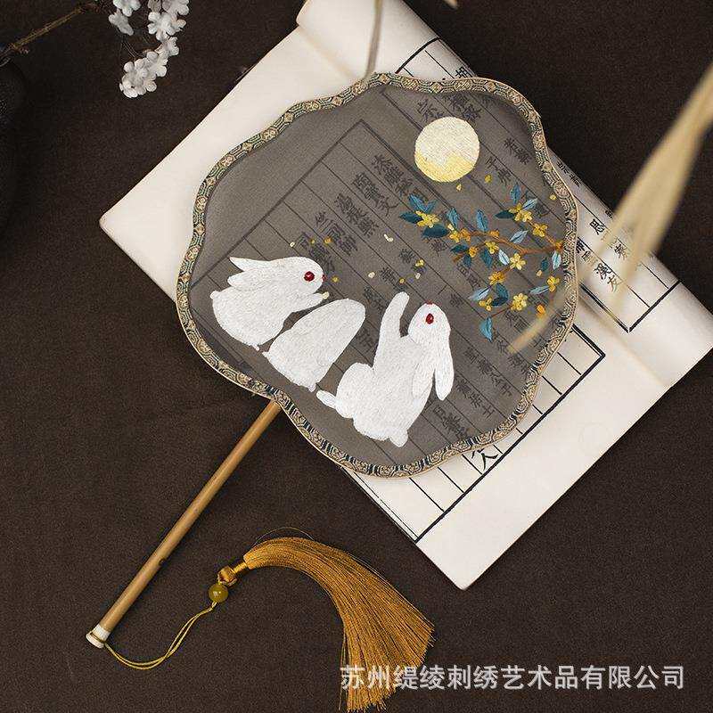 双面绣花扇子湘妃竹手工苏绣古代汉服宫扇团扇古典刺绣小白兔圆扇