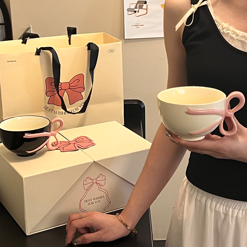 粉色蝴蝶结陶瓷马克杯礼盒装少女心高颜值对杯女生送闺蜜生日礼物