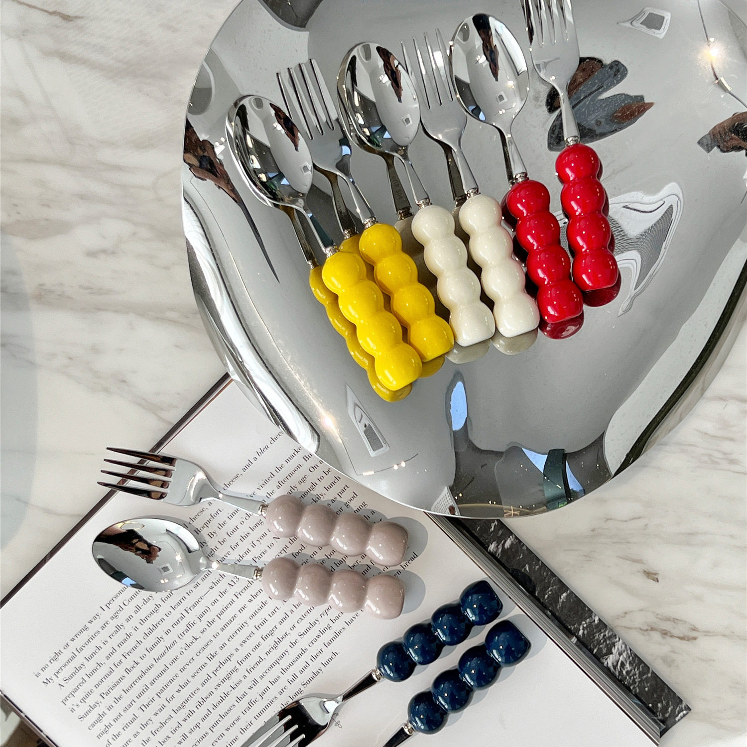 ins奶油风糖葫芦串餐叉餐勺高颜值304不锈钢餐具陶瓷球球家用叉勺,餐饮具,叉/勺/筷套装,淘宝优惠券,粉丝福利购,淘宝优惠卷