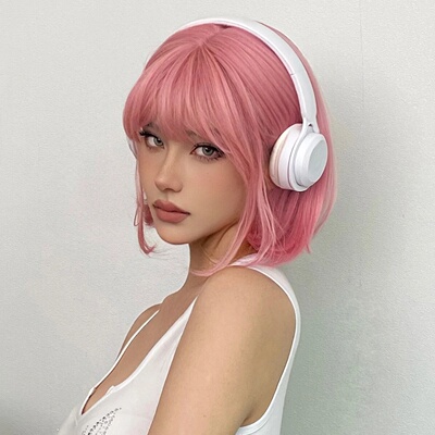 Short Straight Bob Synthetic Wigs Pink Natural Hair Wig wit